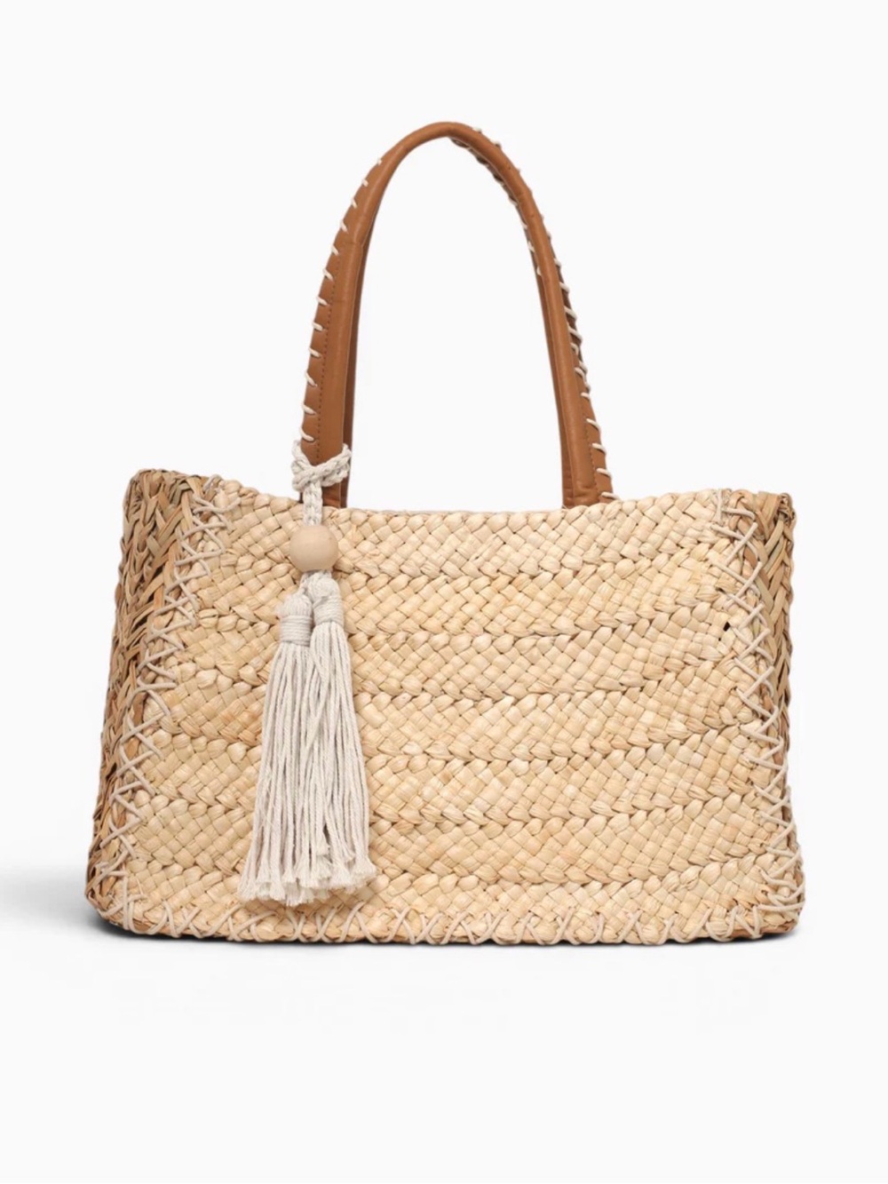 Natural Woven Straw Tote with Tassel and Tan Handles